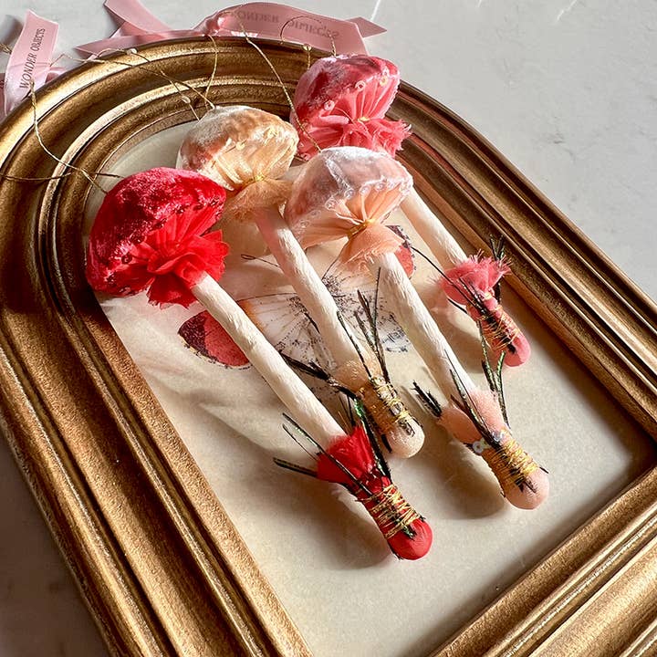 Wonder Objects - Wholesale Ornament - Velvet Mushroom Ornaments with Peacock Feather Accent1