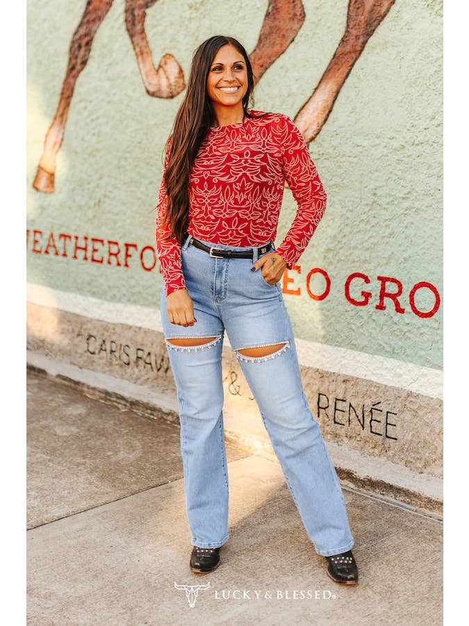 LUCKY & BLESSED - Wholesale Jeans - Women's - Mid Wash Thigh Cut Out Straight Trouser Jeans Inseam 32"2