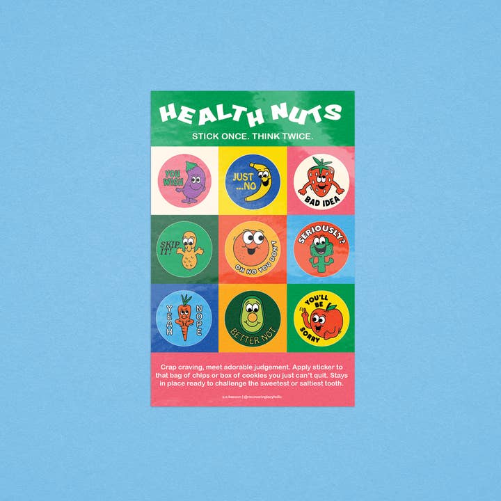 Health Nuts Re-usable Sticker Sheet for wholesale by Recovering Lazyholic