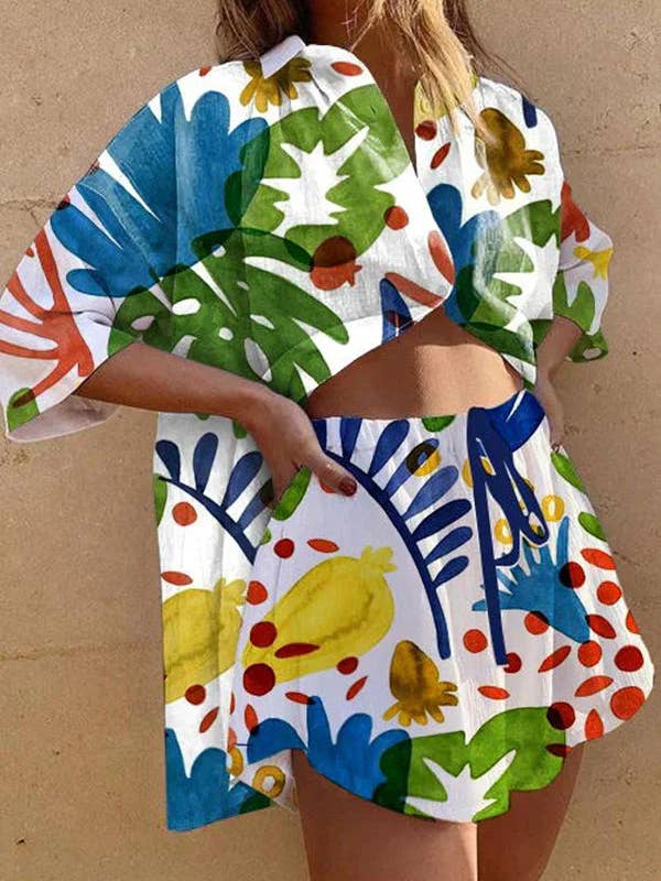 Rosa Clothing - Wholesale Top & Short Set (NOT Loungewear) - Women's - Roma Vibrant unique print shirt & shorts resort loose set