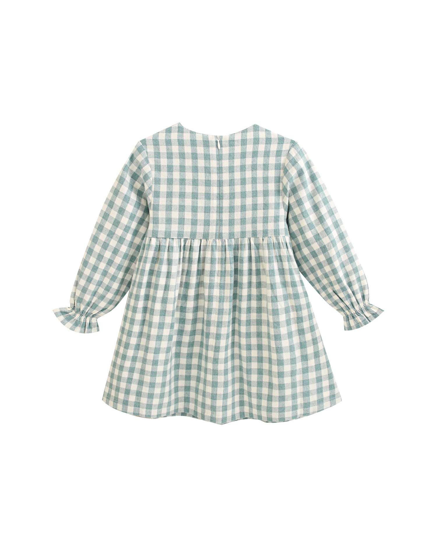 Dadati - Wholesale Dress - Kids - Water green vichy checkered flannel dress with bow0