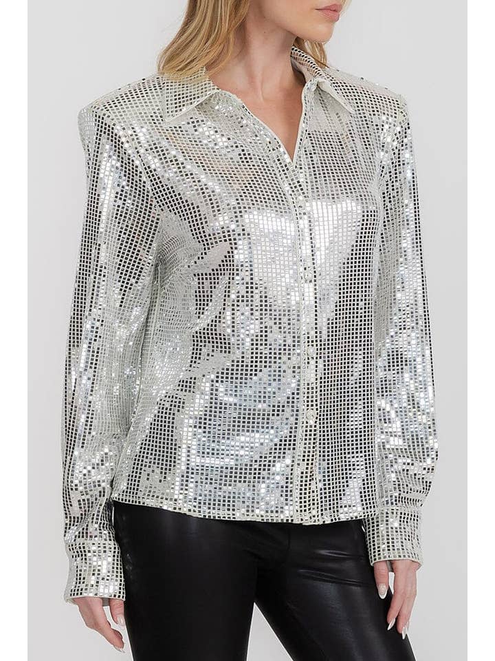 Silver FULLY SEQUINED BUTTON DOWN SHOULDER PAD SHIRT TOP for wholesale on Faire
