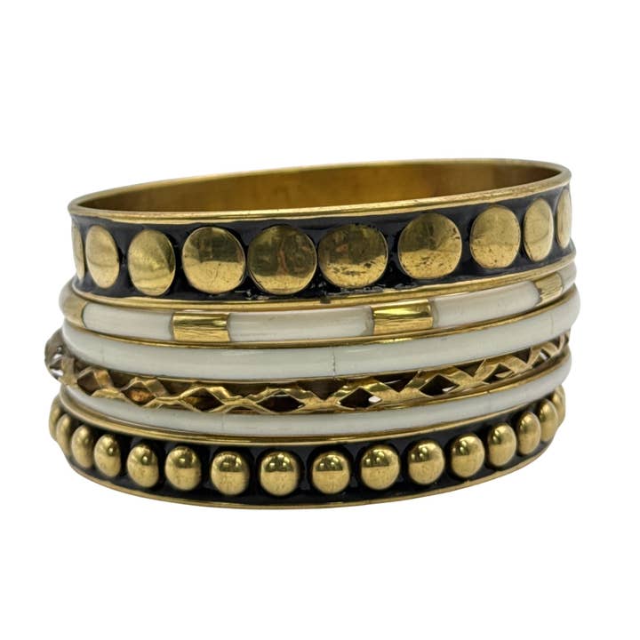 Gold & White Mixed Brass Metal Studded Bangle Set for wholesale by Treasure Jewelry