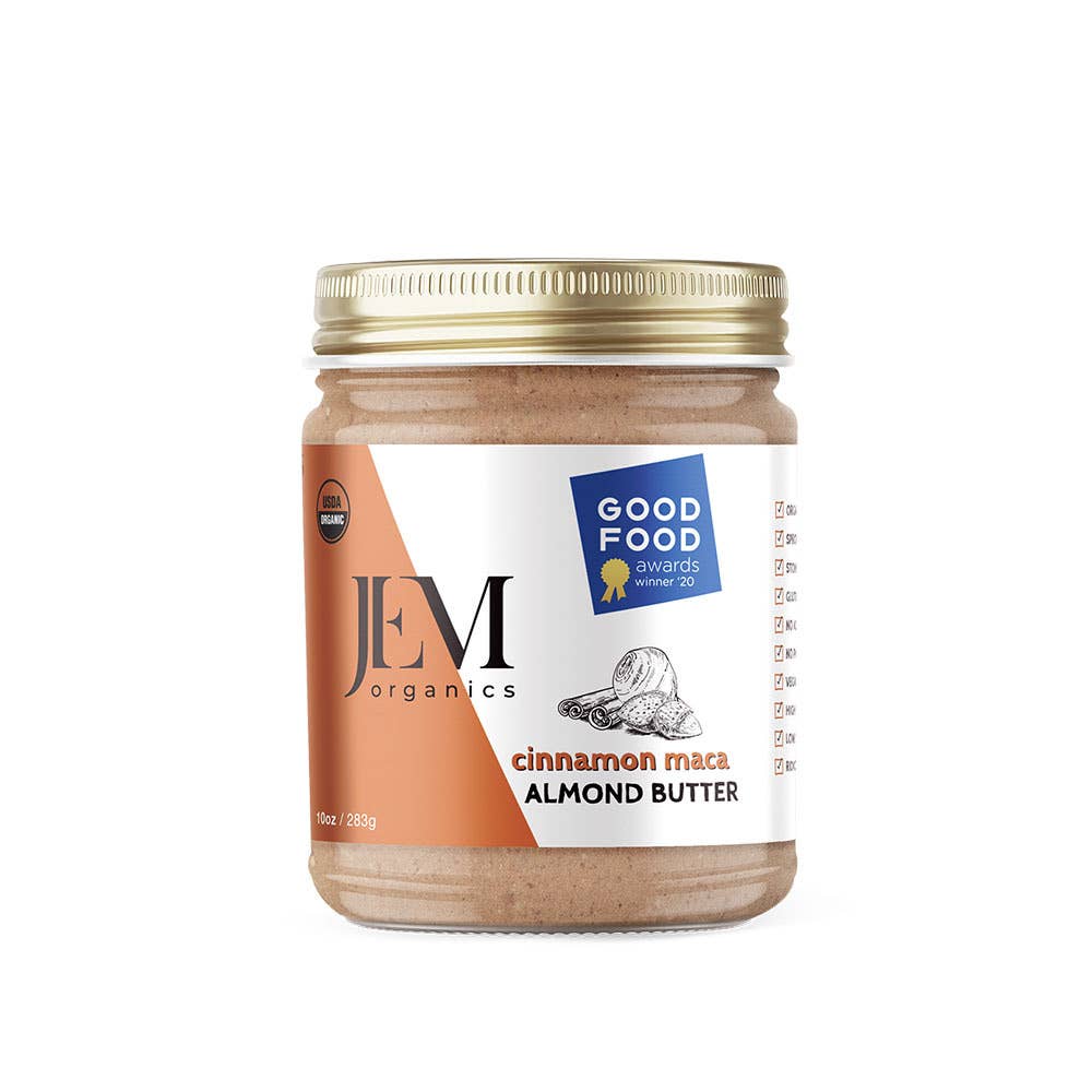 JEM Organics - Vendita all'ingrosso Burro di frutta secca - NUOVO! 10oz Burro di mandorle di Maca alla cannella germogliato JEM Organics