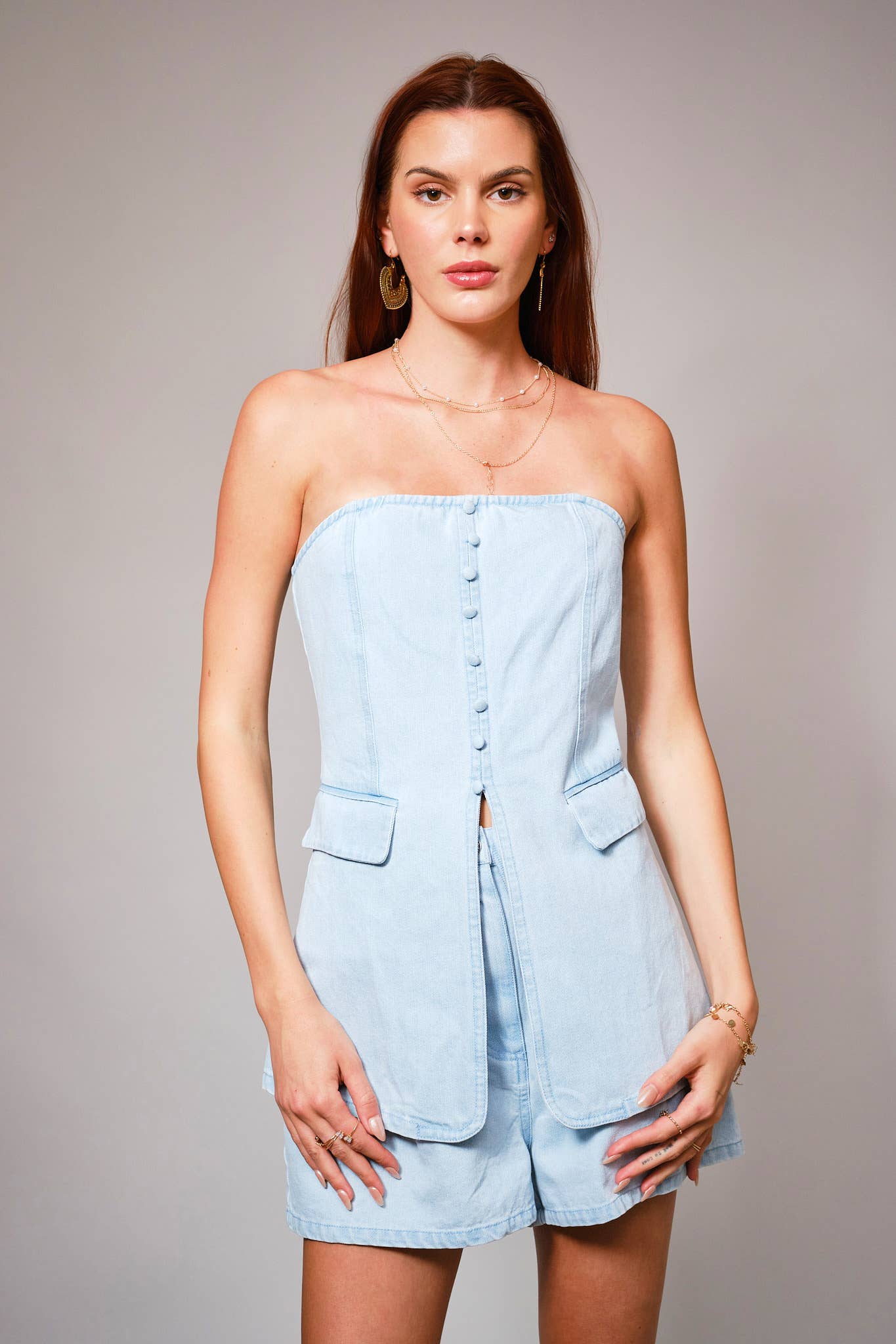 LIGHT WASH 23680SET - Tube Button Detail Tunic Denim Set for wholesale on Faire1