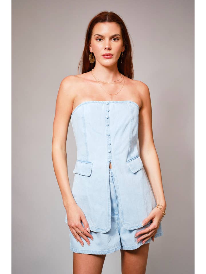 LIGHT WASH 23680SET - Tube Button Detail Tunic Denim Set for wholesale on Faire1