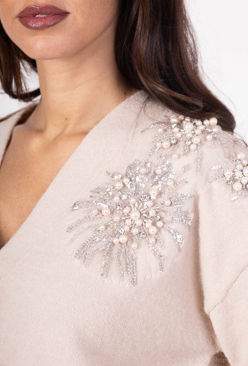 LUCCE – Engroshandel Pullover - Dame – LUCCE trøje med perle- og rhinstenbroderi - model 301510