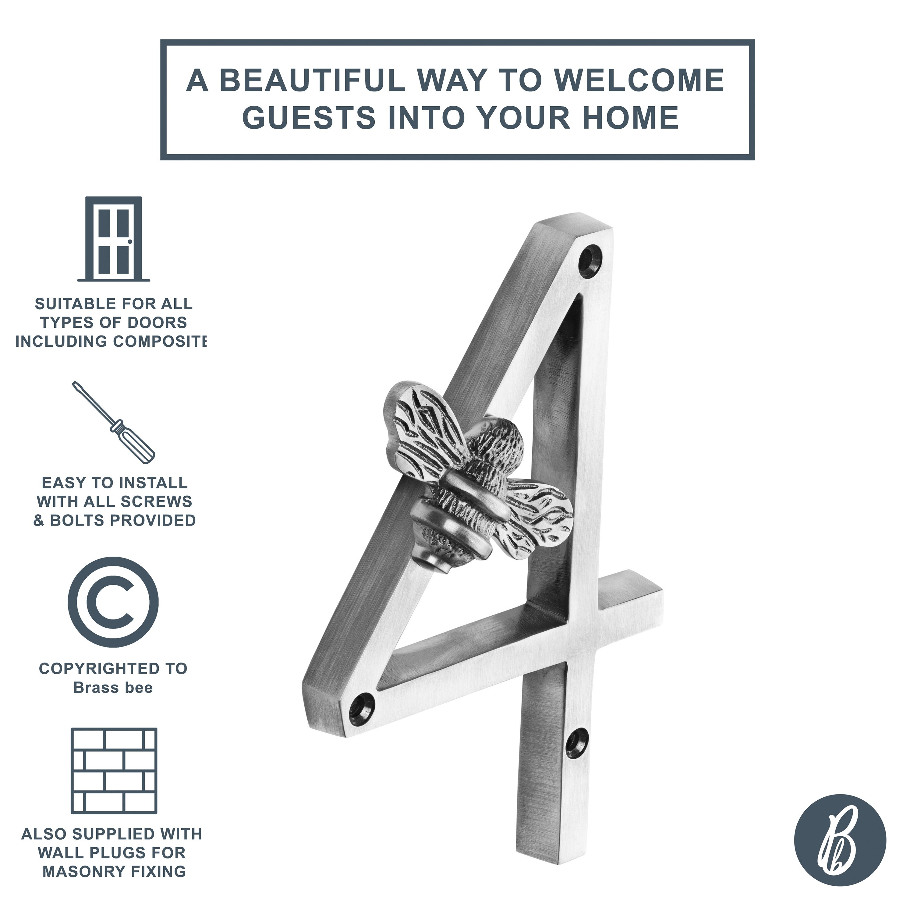 Brass bee - Vendita all'ingrosso Manopola/pomello - Numeri civici Brass bee in ottone finitura peltro con ape, altezza 13 cm6