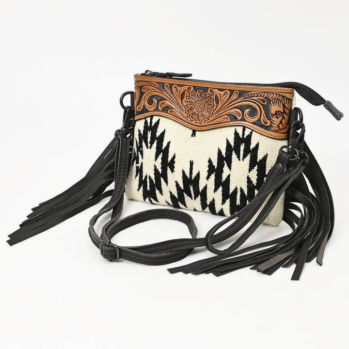 LS Western - Wholesale Crossbody Bag - Women's - LC-ADBGZ183H Black & White Tribal Wool Crossbody Bag with Tooled Leather and Fringe - Western Purse