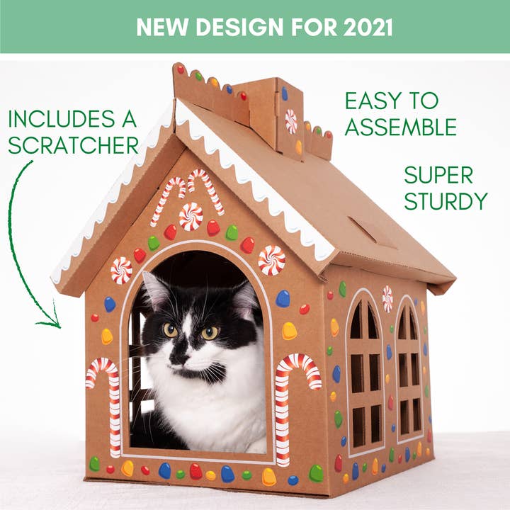 Cat in the Box LLC - Wholesale Pet Scratcher - Cat - Holiday Gingerbread Cardboard Box Playhouse For Cats
