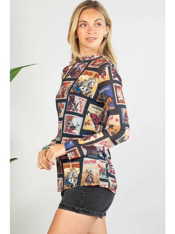 Multi Colored AV1230-ROBBIE VINTAGE WESTERN SEMI SHEER MESH TOP for wholesale on Faire