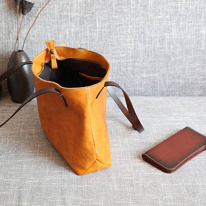RockCow Leather Studio - Wholesale Tote Bag - Women's - Handmade Vegetable Tanned Leather Tote Bag Leather Shopping Bag Vintage Woman Leather Shoulder Bag Large Work Tote Bag5
