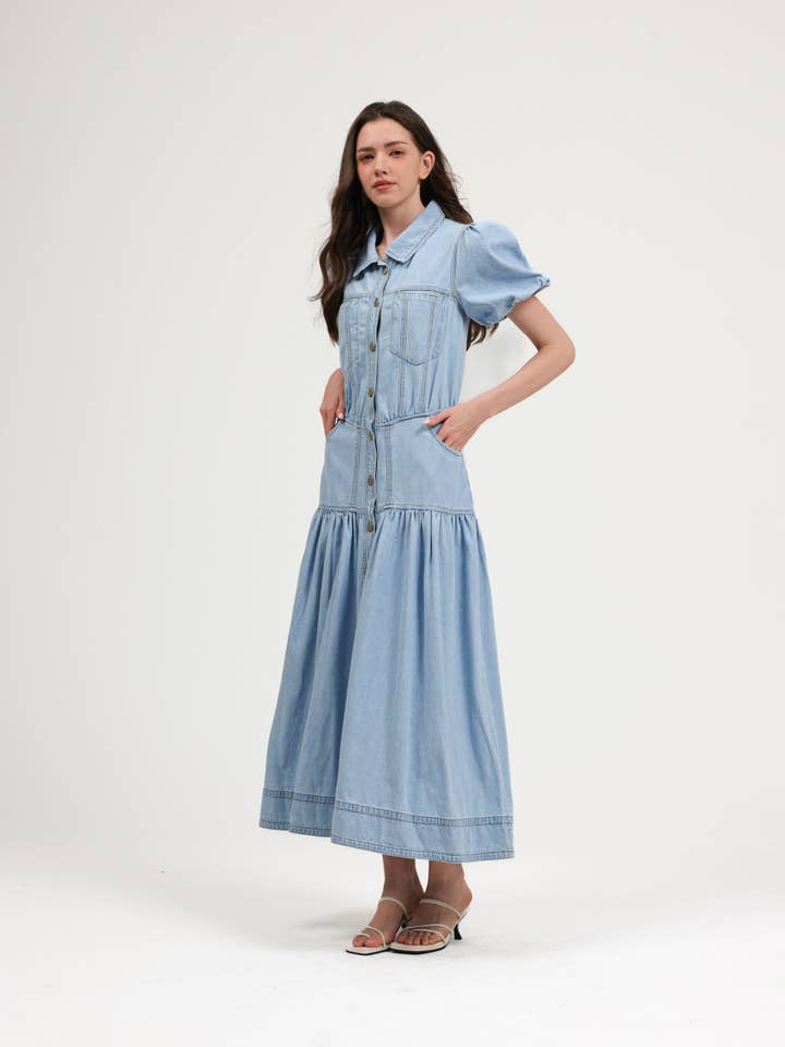 Puff Sleeve Denim Midi Dress for wholesale by THE 28TH ROSE