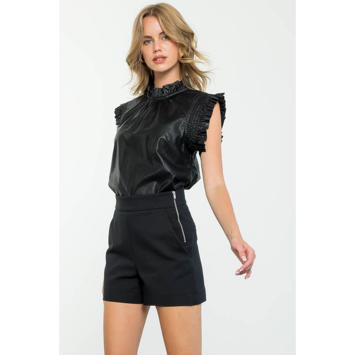 BLACK Ruffle Sleeve Leather Top for wholesale on Faire3