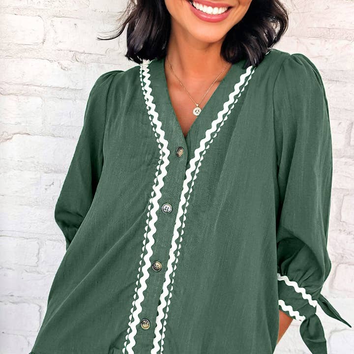 Contrast Trim Knotted 3/4 Sleeve Buttoned Dress and other Purchase Wholesale spring 2024 dresses. Free Returns & Net 60 Terms on Faire trending on Faire.