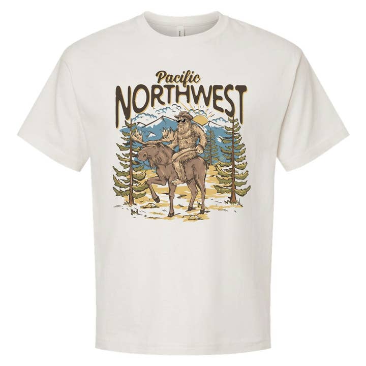 Pacific Northwest Sasquatch Riding Moose Tee - Vintage White (100% Cotton) for wholesale by IdaWholesale