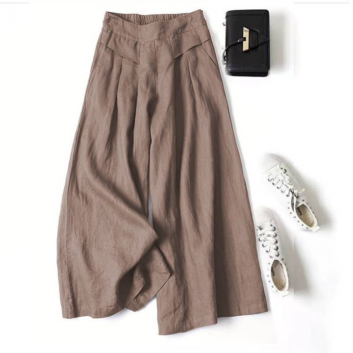 FurDecoration - Wholesale Pants - Women's - High Waist Wide Leg Pants - Solid Color Lightweight Crop6