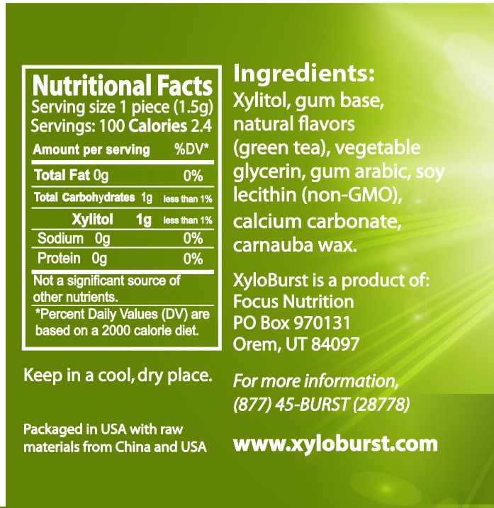 Focus Nutrition - Wholesale Chewing Gum - XyloBurst Sugar Free Xylitol Green Tea Gum 100 ct. Jar1