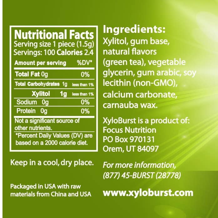 Focus Nutrition - Wholesale Chewing Gum - XyloBurst Sugar Free Xylitol Green Tea Gum 100 ct. Jar1