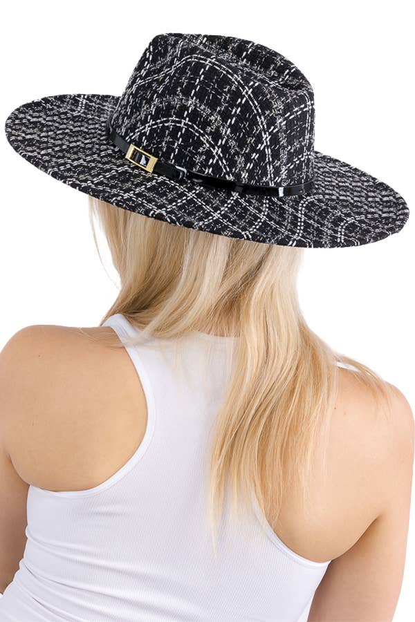 Cap Zone – wholesale Fedora - Unisex – Glansigt bälte dekor Pläd Tinsel Tweed tyg bred Rancher Hat3