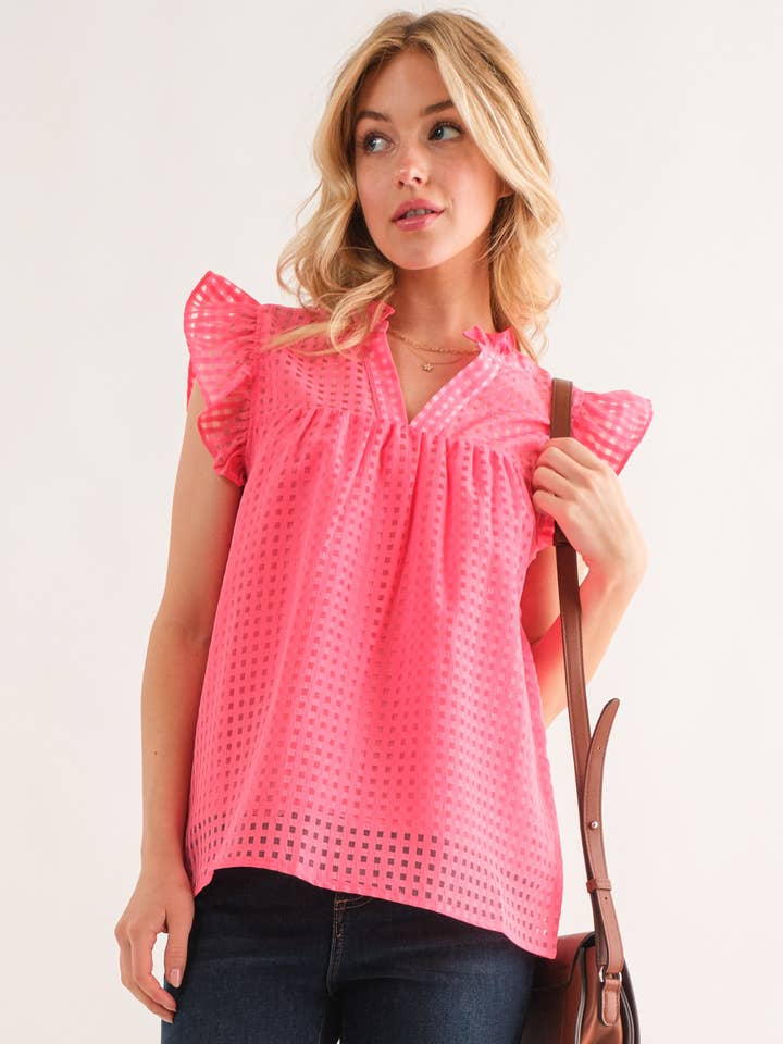 AND THE WHY - Wholesale Blouse - Women's - ATW14889 - Sheer and Gridded Baby Doll Ruffled Top