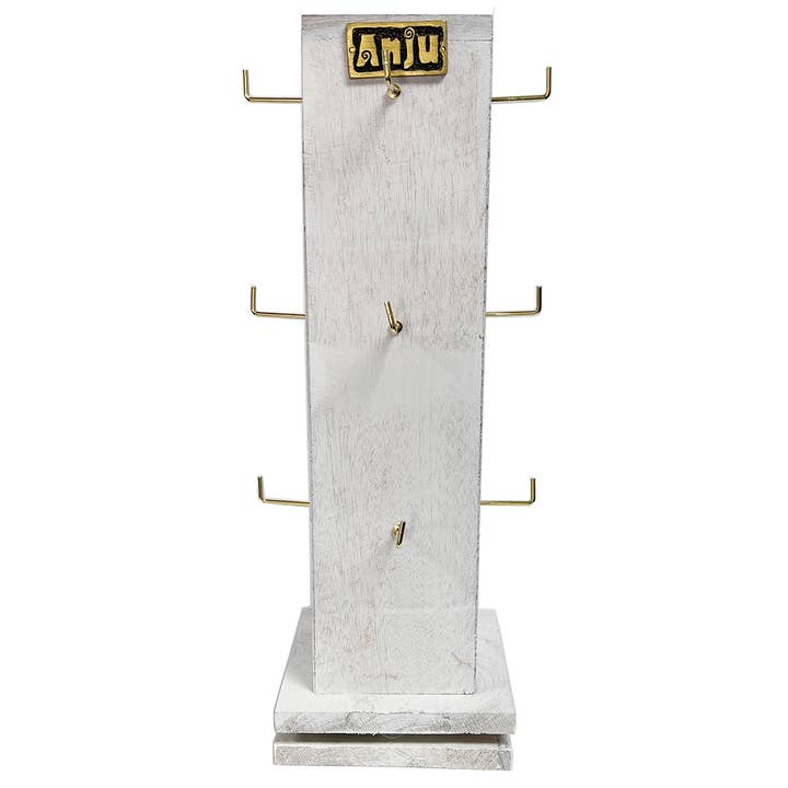 White Wood 4 Sided Spinner Display - Tall, 3 Hooks Each Side for wholesale by Anju Jewelry