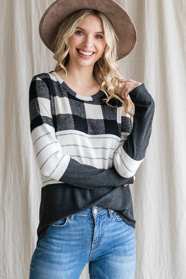 7th Ray - Wholesale Knit Top - Women's - Cozy Color Block Plaid Striped Thumbhole Pullover TopT4423-13