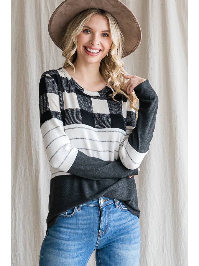 7th Ray - Wholesale Knit Top - Women's - Cozy Color Block Plaid Striped Thumbhole Pullover TopT4423-13