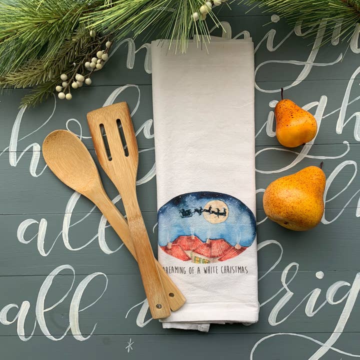 Watercolor Dreaming of a White Christmas FlourSack Tea Towel for wholesale by Meadowbrook Lane