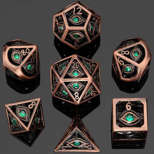 Hymgho Premium Dice - Wholesale Dice - Dragon's Eye Hollow Metal Dice Set - Emerald Green Gems