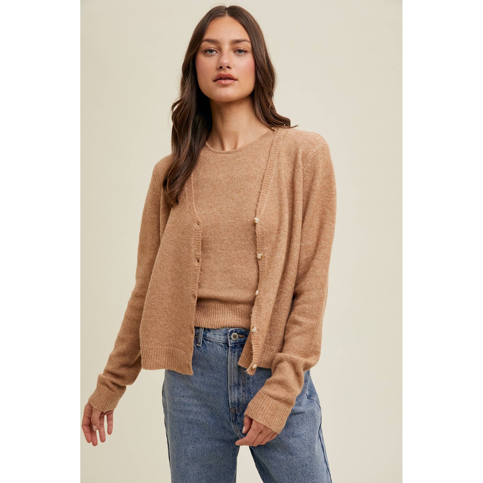 TOAST BRUSHED TANK AND CARDIGAN SET / WL24-9196 for wholesale on Faire