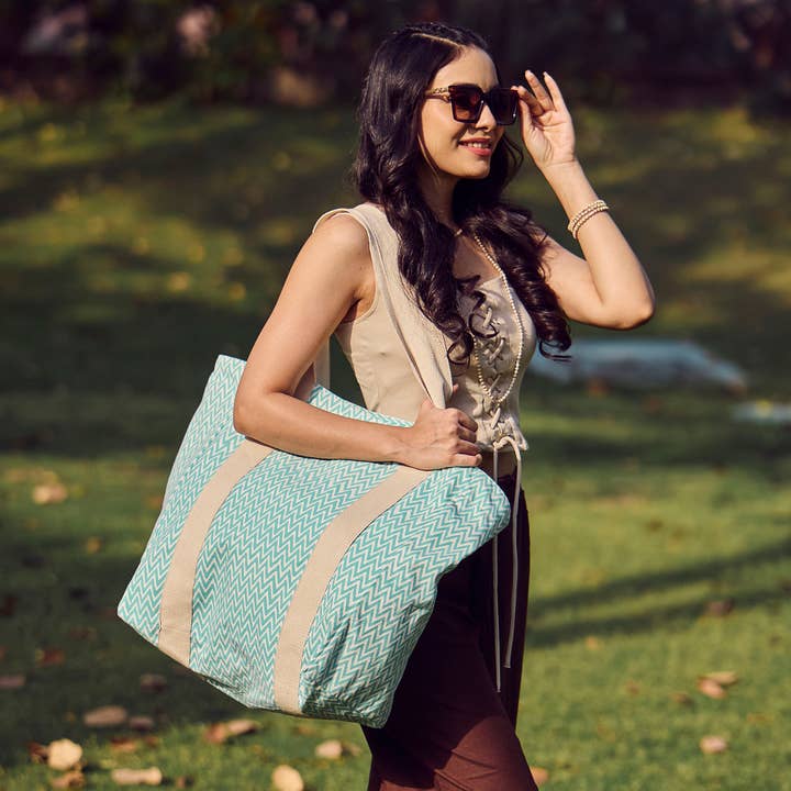 Anju Jewelry - Wholesale Tote Bag - Women's - Handcrafted Canvas Bag with Block-Printed Aqua Zigzag2