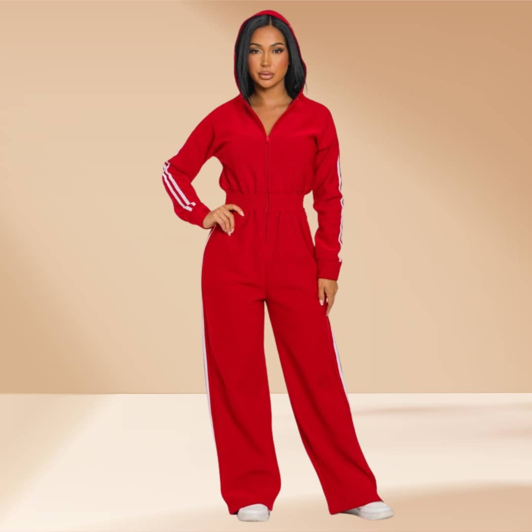 Celystrends - Wholesale Jumpsuit - Women's - Jumpsuit Hooded Lined Fleece Side Stripes 8