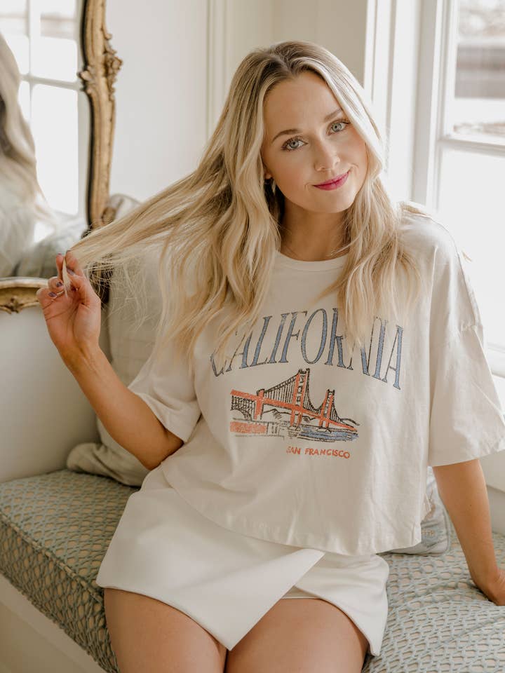 California San Fran Off White Cropped Graphic Tee for wholesale by LivyLu
