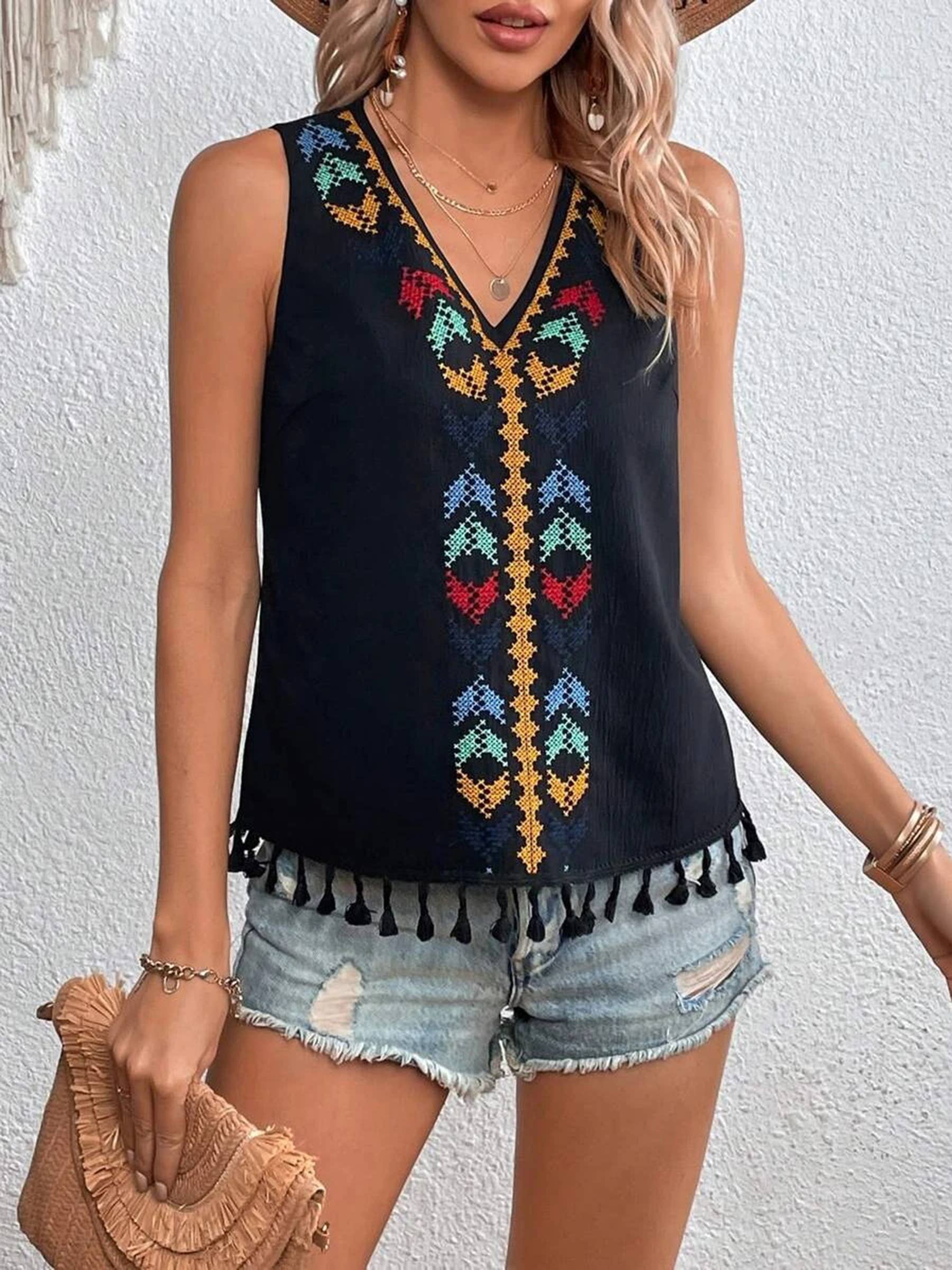 Wholesalesir - Wholesale Tank Top - Women's - Tassel Trim V-Neck Tank Top Comfy Sleeveless1