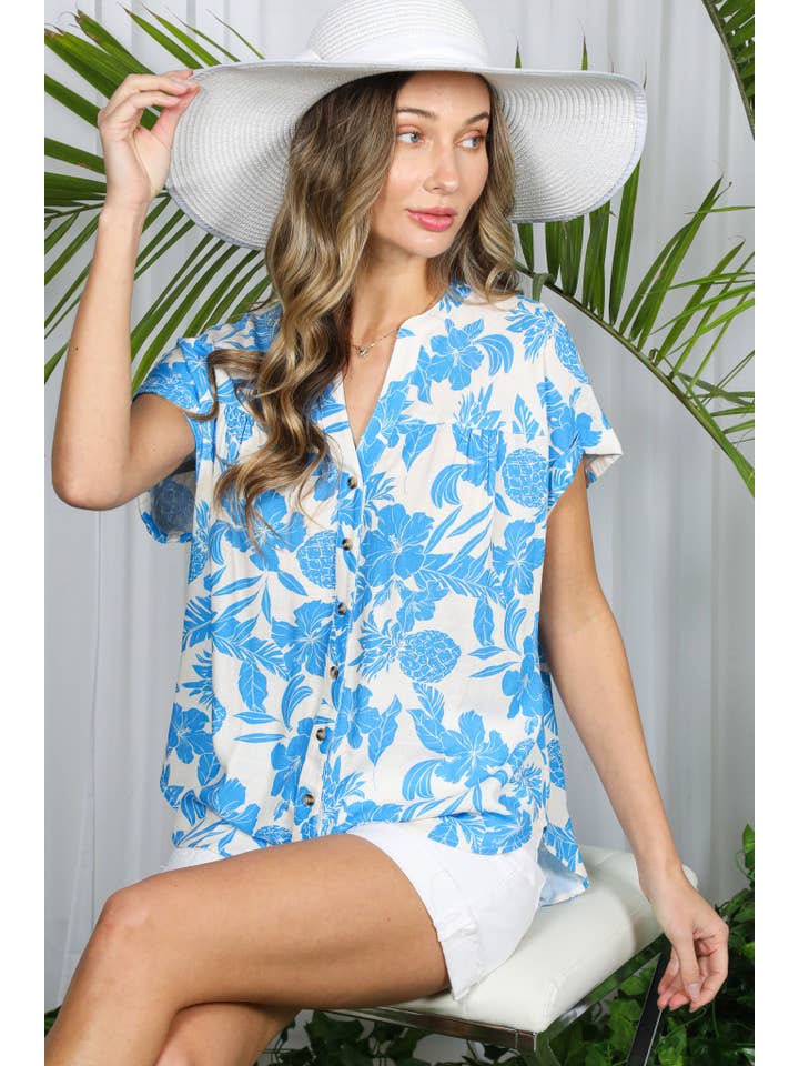 Vine & Love - Wholesale Button Down Shirt - Women's - Floral Pineapple Henley Neck Roll-Up Shirt Top VT82331A