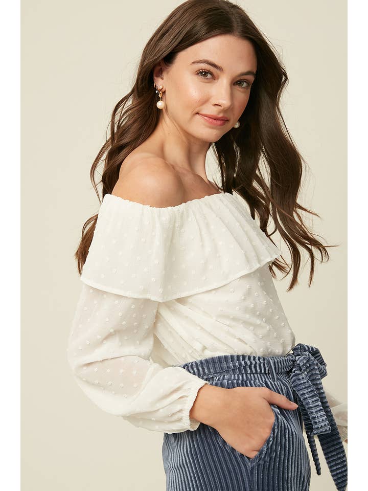 Cream Swiss Dot Off-Shoulder Ruffle Blouse LT0895 for wholesale on Faire4
