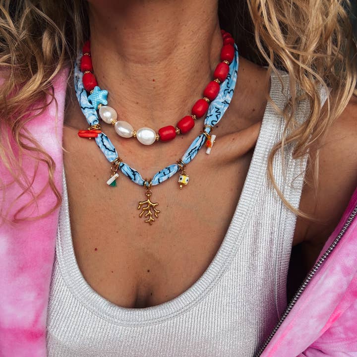 Goupi - Wholesale Beaded/Pearl Necklace - Bohemian ciel bandana scarf and colorful beaded necklaces