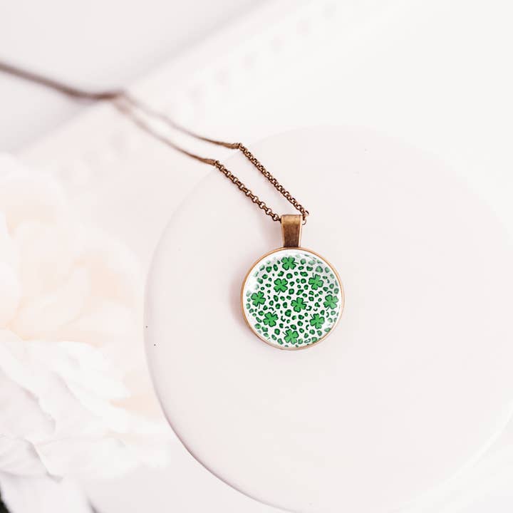 Clover & Leopard Print Pendant – St. Patrick's Day Necklace for wholesale by Whimsy Spirit Shop