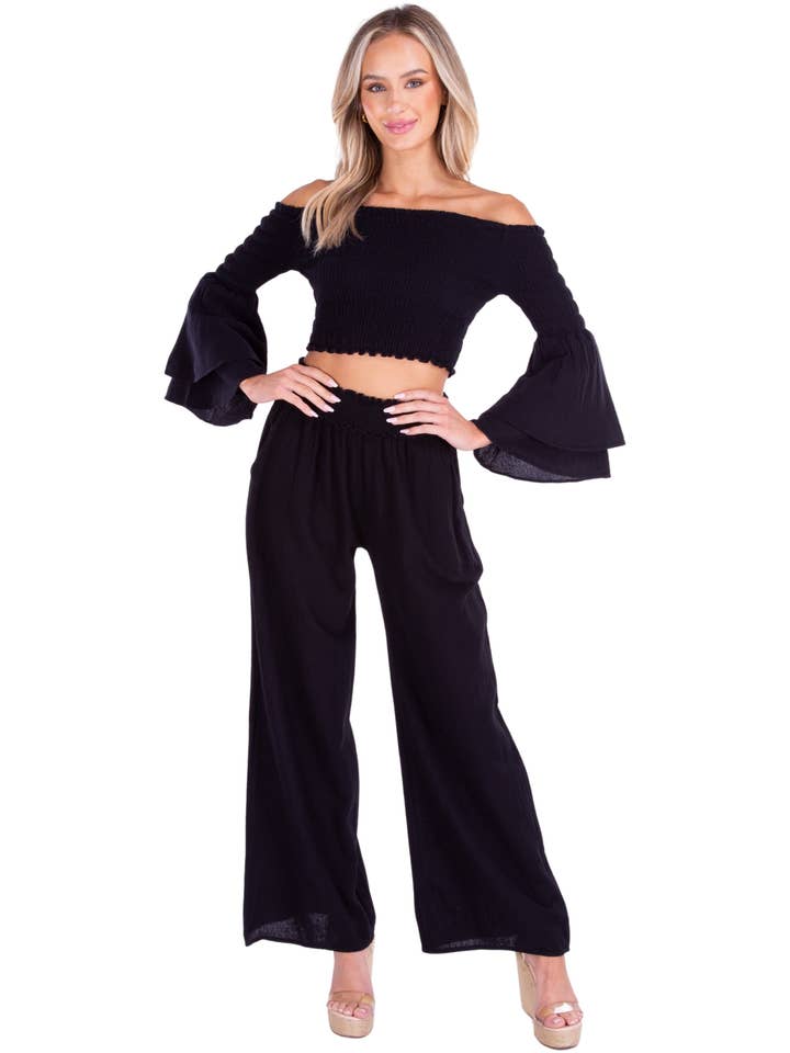 Smocked Waist Cotton Wide Leg Pants - Black for wholesale by Seaspice Resort Wear