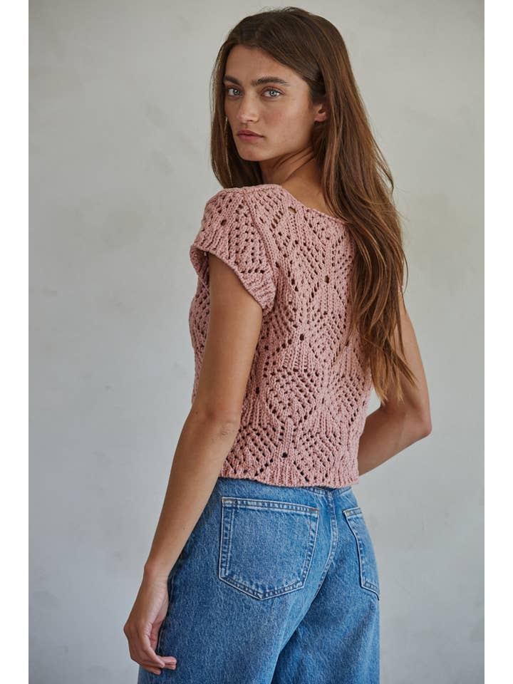 By Together - Wholesale Knit Top - Women's - W2030 | Knit Sweater Cotton Crochet V-Neck Cap Sleeve Top