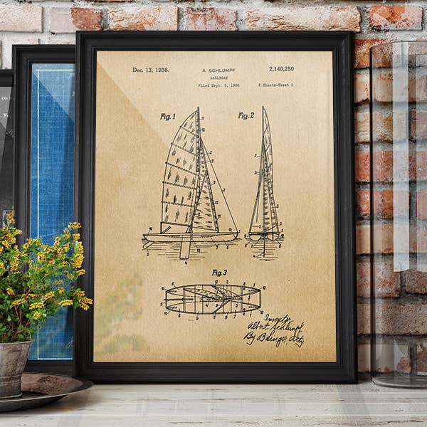 Sailboat 1938 Patent Art Print - Nautical for wholesale by Fresh Prints of CT