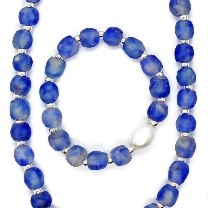 14BA African Fused Glass & Baroque Pearl Stretch Anklet for wholesale by Sea Ranch Jewelry