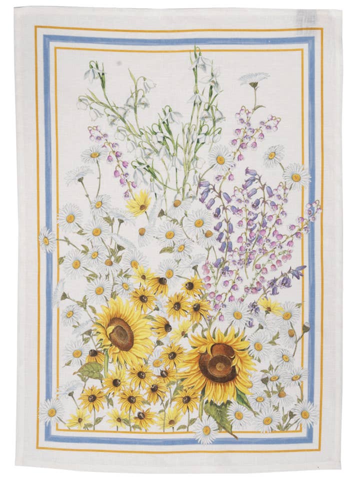 9PL-Italian Linen Print - BlueYellow Floral - Sunflowers for wholesale by Mierco European Linens