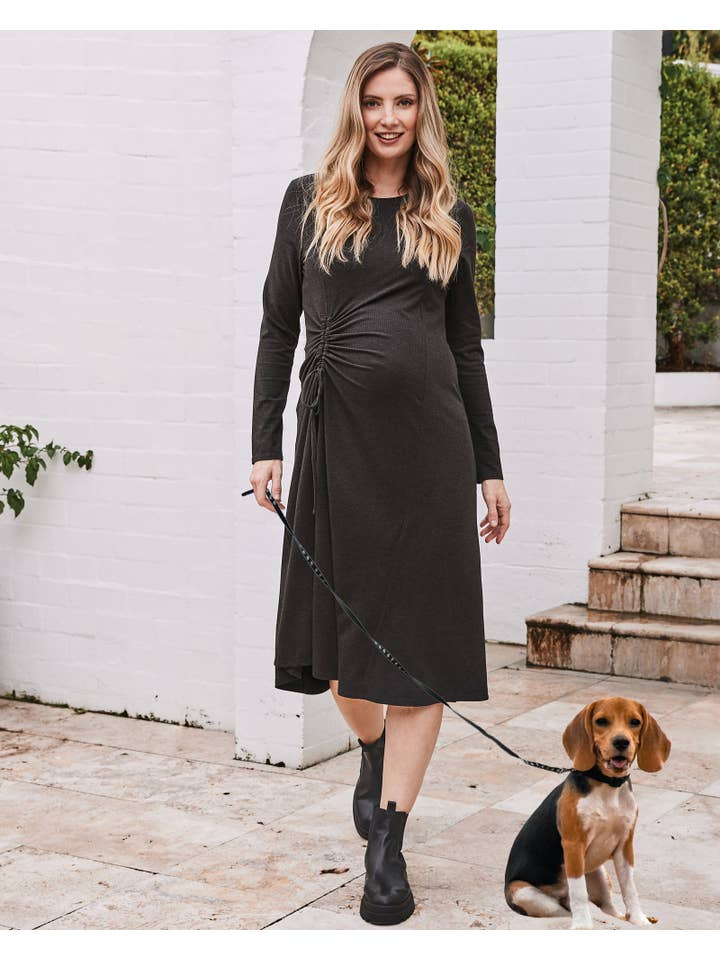 Angel Maternity – wholesale Dress – Maternity – Eloise Maternity Waffle Knit Dress in Charcoal