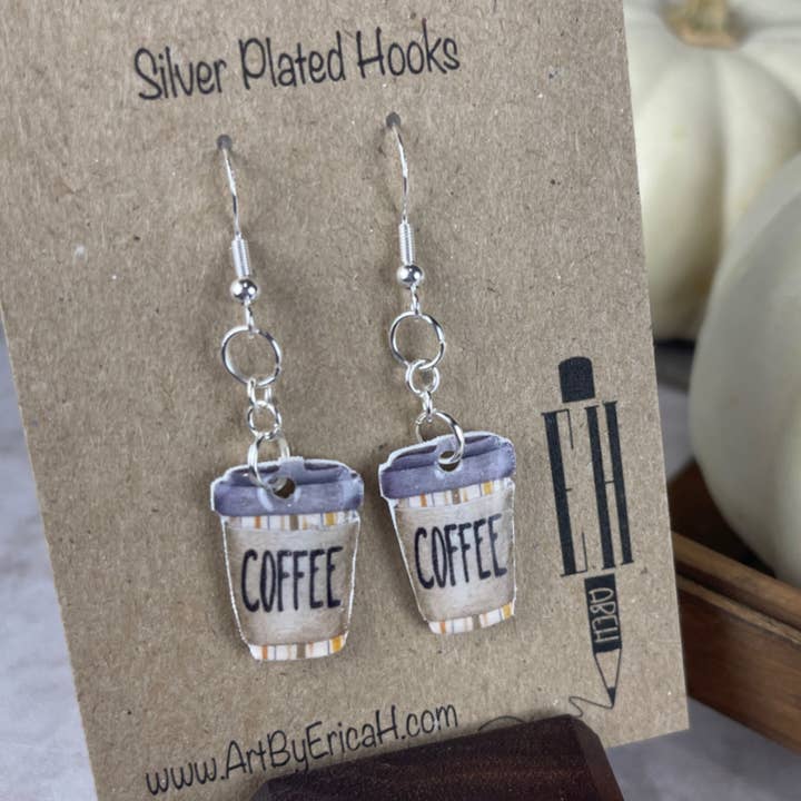 Handmade Dangle Earrings - To-Go Coffee Cup Dangles - Silver for wholesale by Art by Erica H & Rebel Stitchers