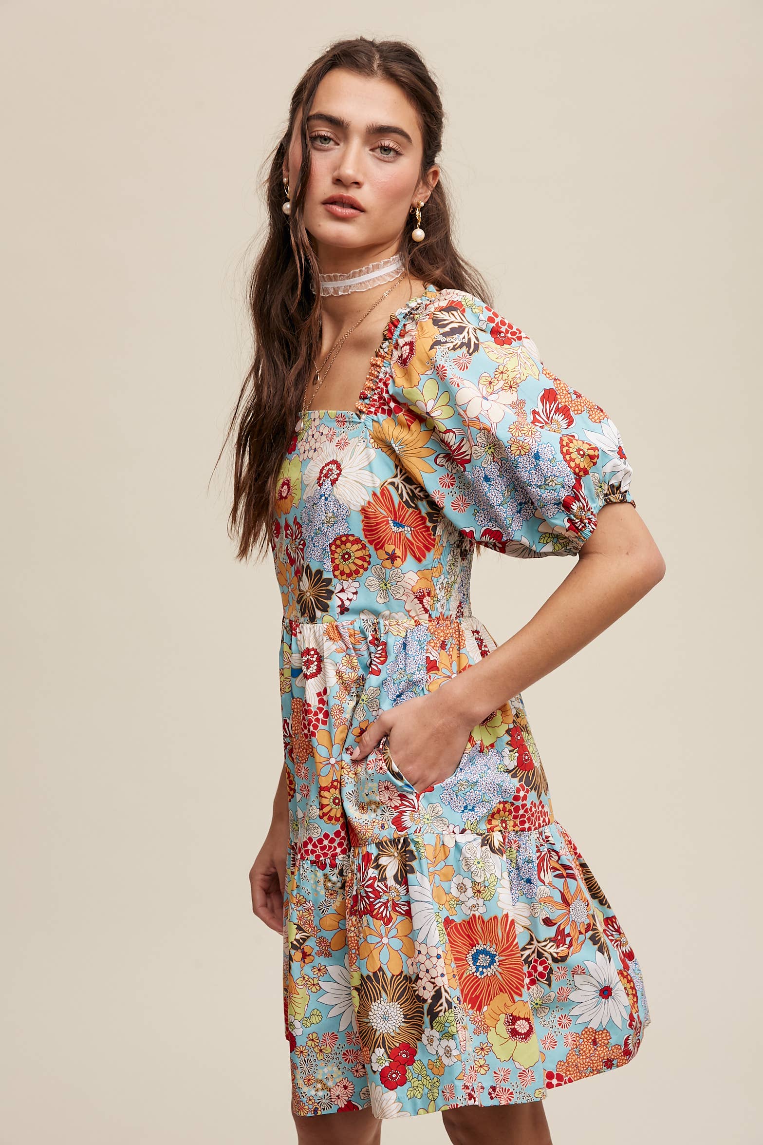 Aqua Floral Print Mini Dress for wholesale on Faire7