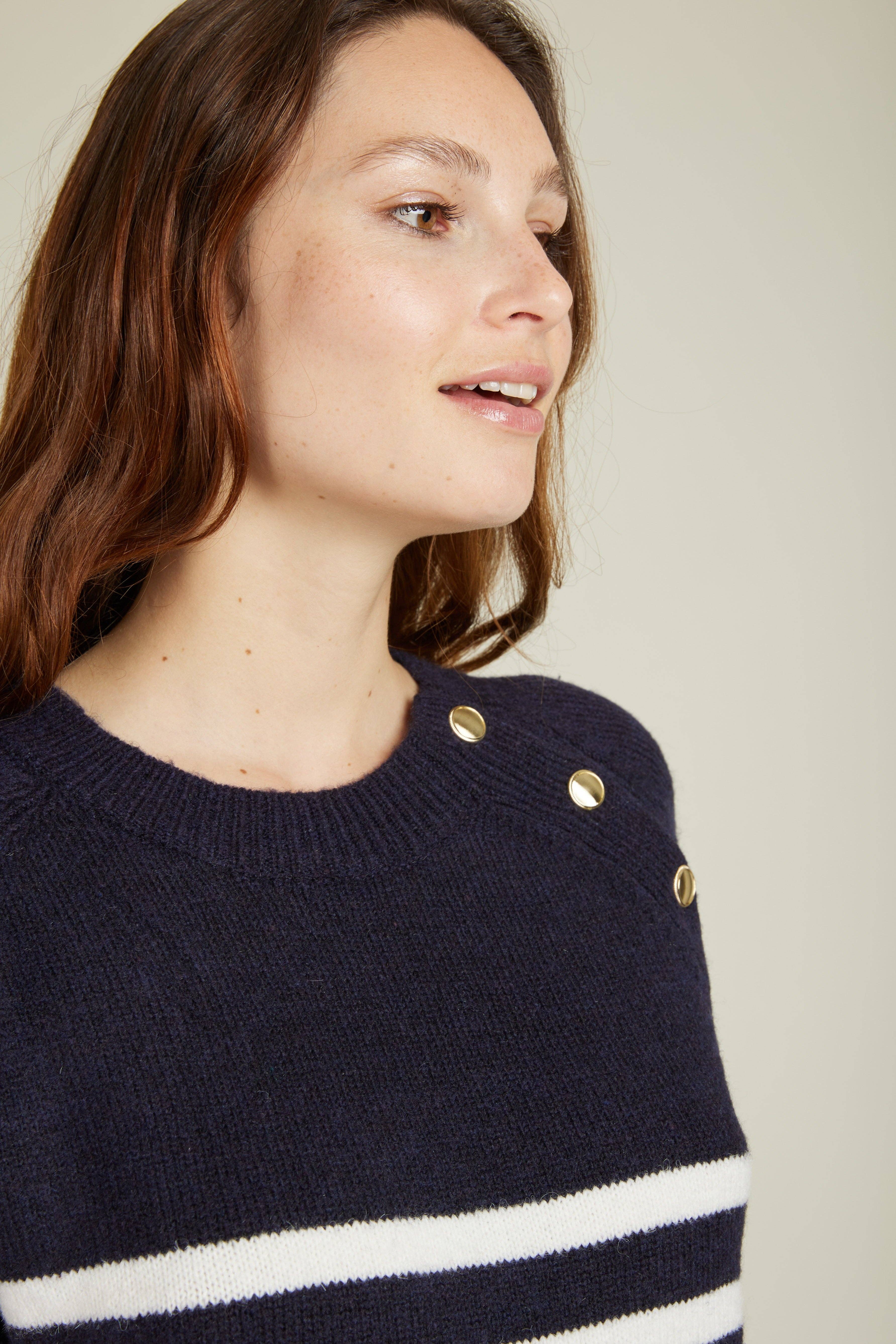 Andy & Lucy - Wholesale Dress - Women's - ARLENE - Mid-length sweater dress with stripes and gold buttons7