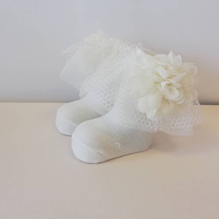 Ivory Lace Flower Detailed Baby Socks Sock-5667 for wholesale on Faire