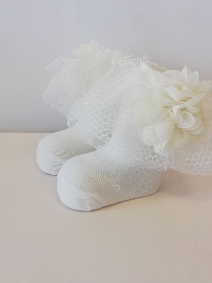 Ivory Lace Flower Detailed Baby Socks Sock-5667 for wholesale by BEAU KiD